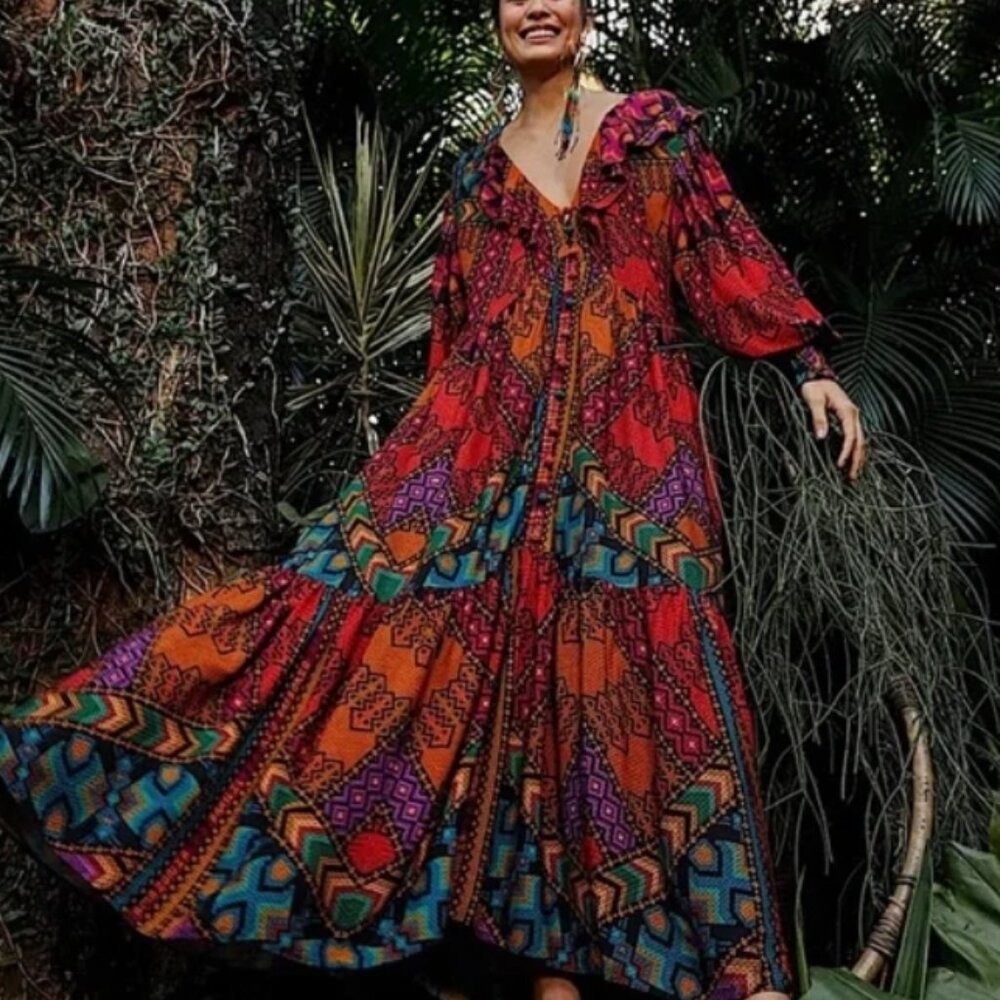 NWOT Farm Rio V-Neck Puff Sleeve Tiered Yawanawa Ruffle Maxi Boho Dress XS $275